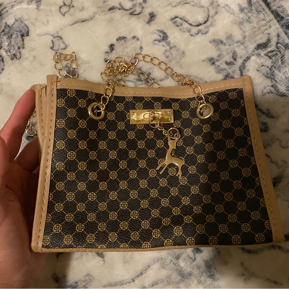 Brown/Tan Monogram Shoulder Bag with Gold Chain Detail